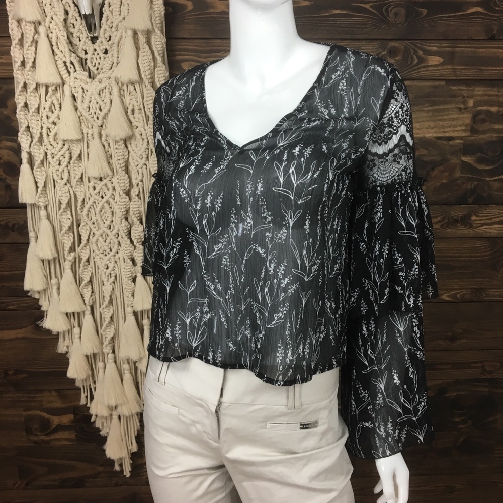 Zara Basic | Sheer Lace Mesh Bell‎ Sleeve Blouse